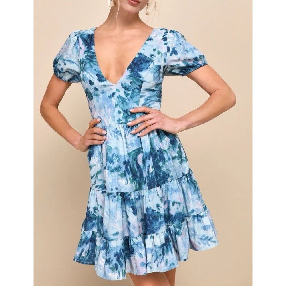 Lulus NWT Aura Light Blue Floral Puff Sleeve Tiered Mini Dress X-Large